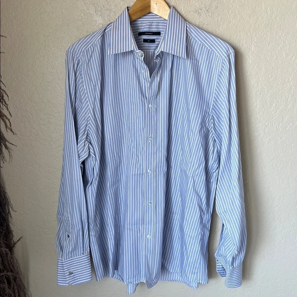 Gucci blue & white yellow pinstripe button down cotton dress shirt
